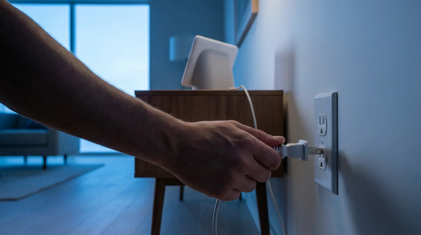 A low angle shot of a hand plugging a Google Nest Hub into a wall outlet at twilight.