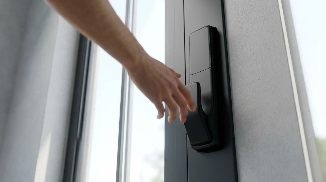 A low angle shot of a hand reaching for a modern, unbranded smart lock.