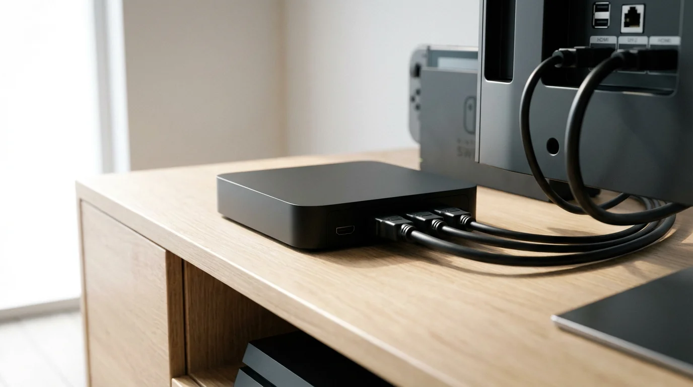 A low angle shot of a smart light HDMI sync box and cables on a media console.