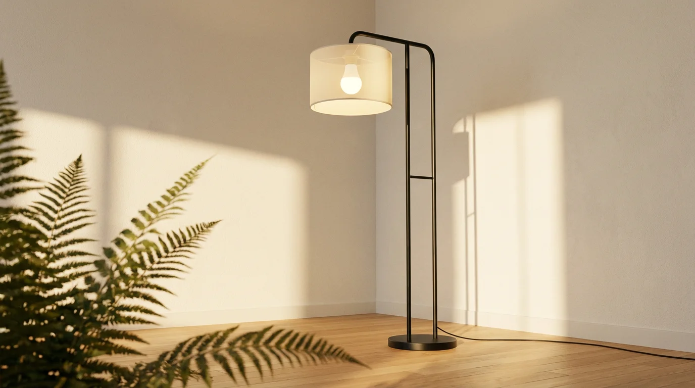 A low angle view of a modern floor lamp with a glowing smart bulb.