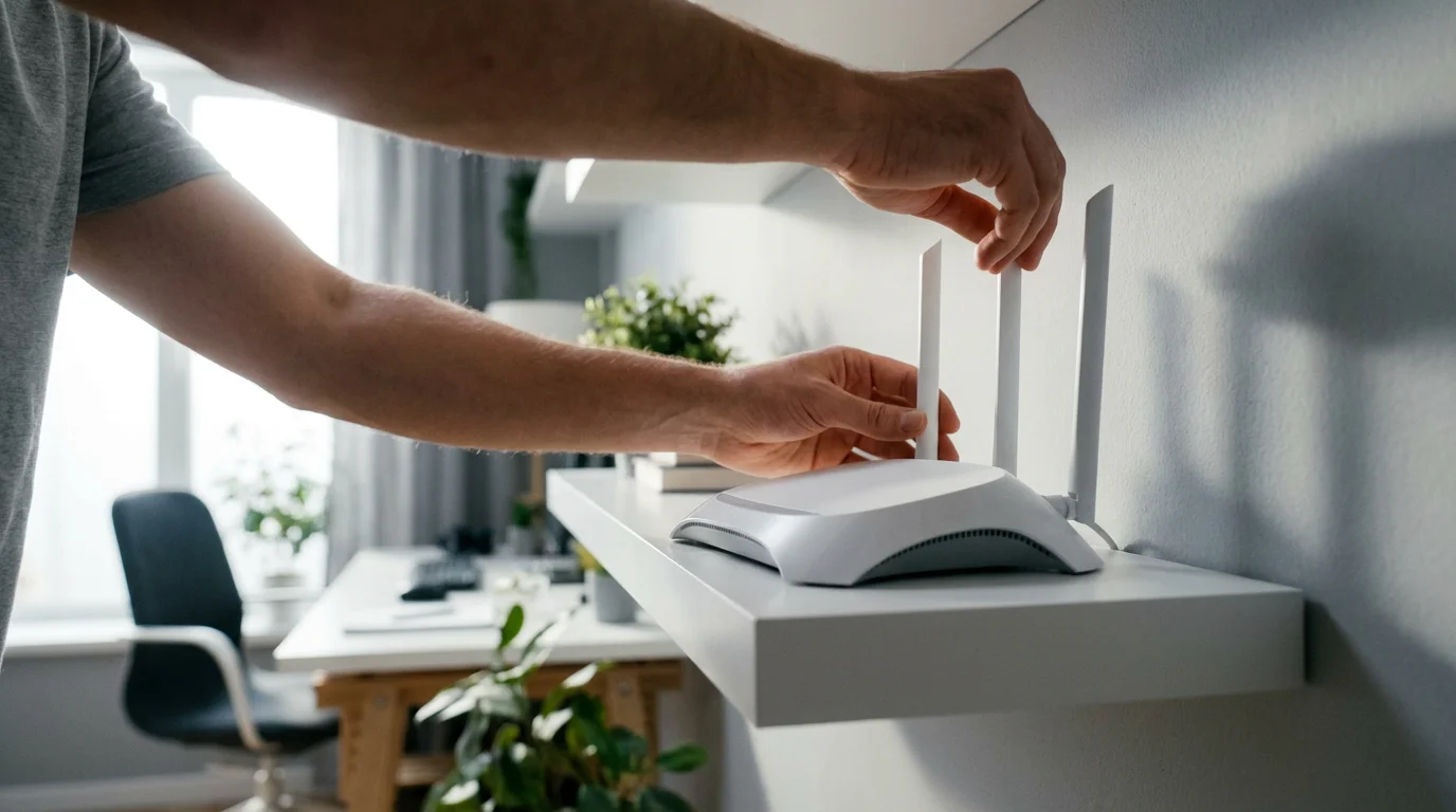 A low angle view of hands adjusting the antennas of a white WiFi router.