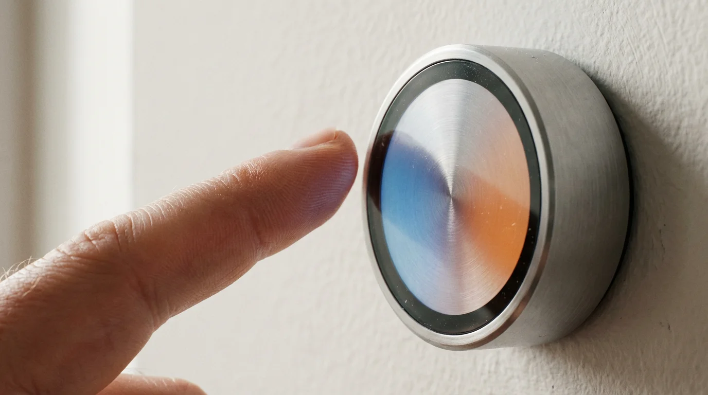 A macro photograph of a finger about to adjust a modern smart thermostat dial.