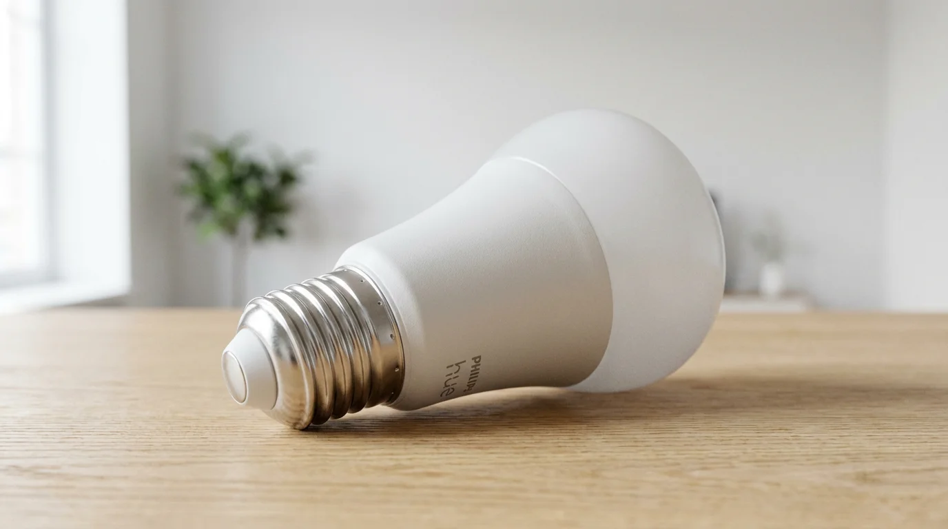 A macro photograph of a modern LED smart bulb on a wooden table.