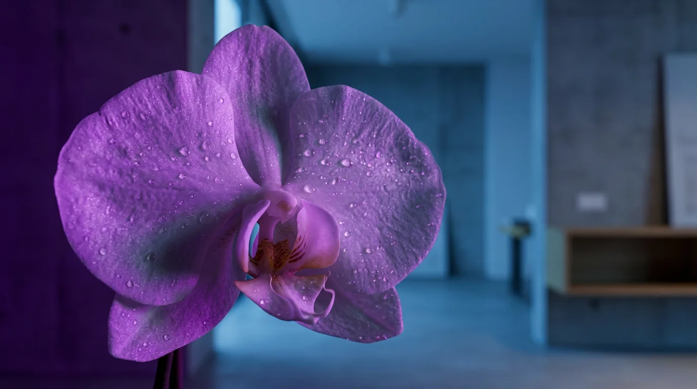 A macro photograph of a white orchid illuminated by vibrant purple smart lighting.