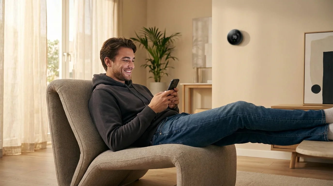 A man relaxes in an armchair using his phone, a smart thermostat visible behind him.