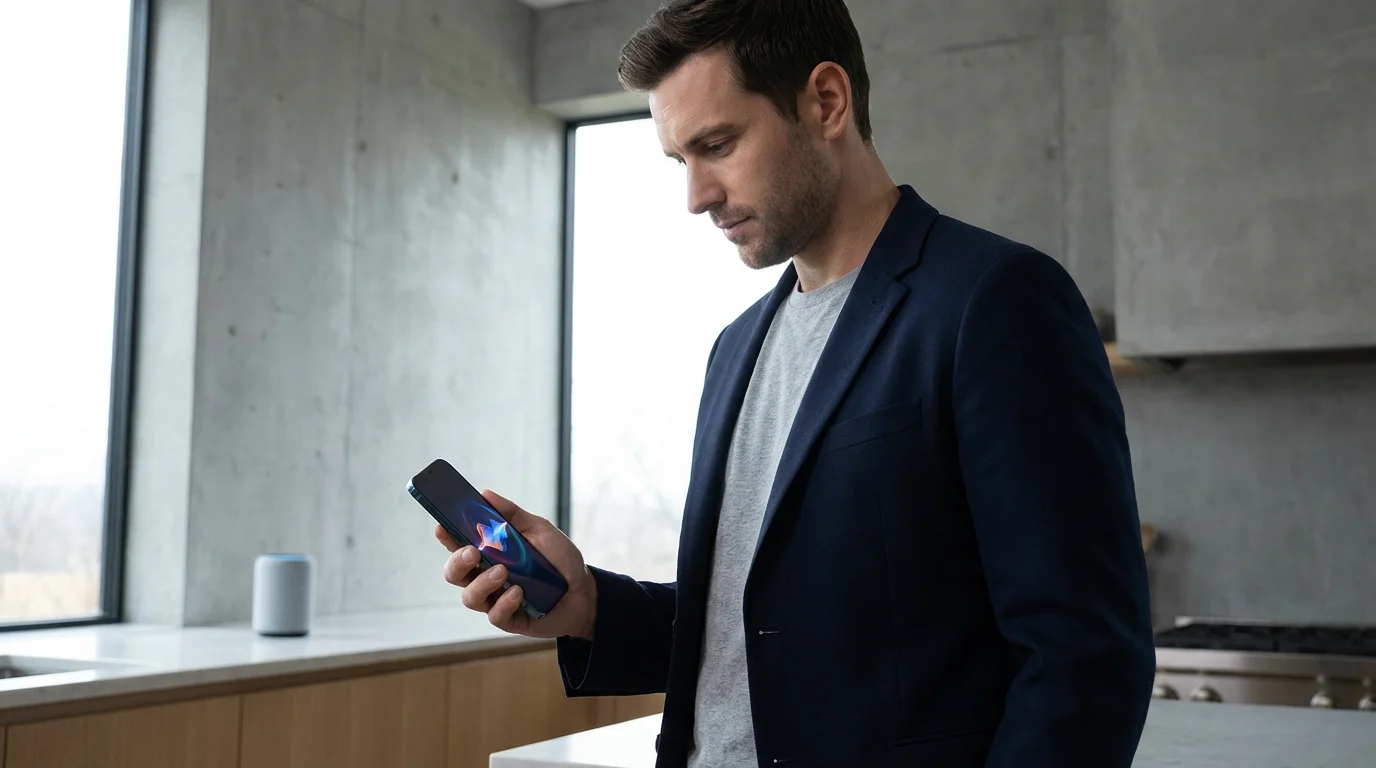 A man seen from a low angle trains his voice assistant using a smartphone.