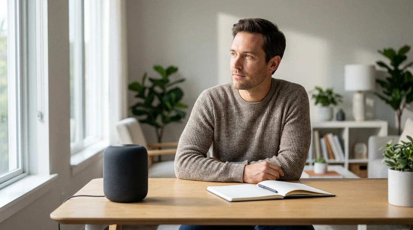 A man sits at a desk with a smart speaker, thoughtfully looking out a window.