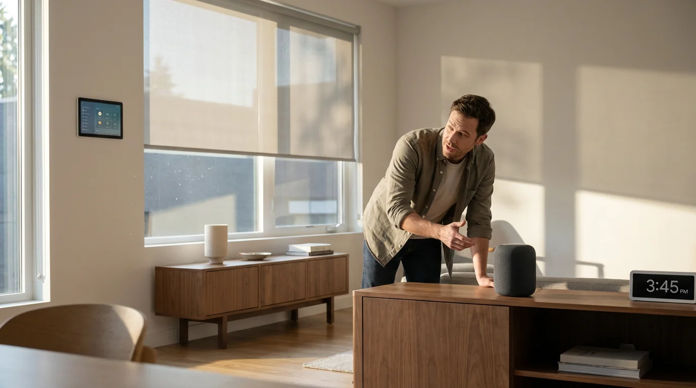 A man speaks to a smart speaker as automated blinds close in his living room.