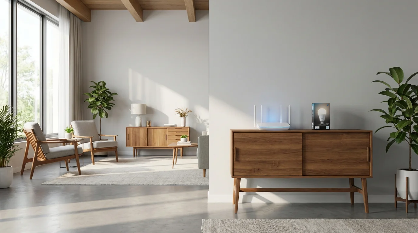 A minimalist Wi-Fi router and a smart LED bulb on a console table in a sunlit room.