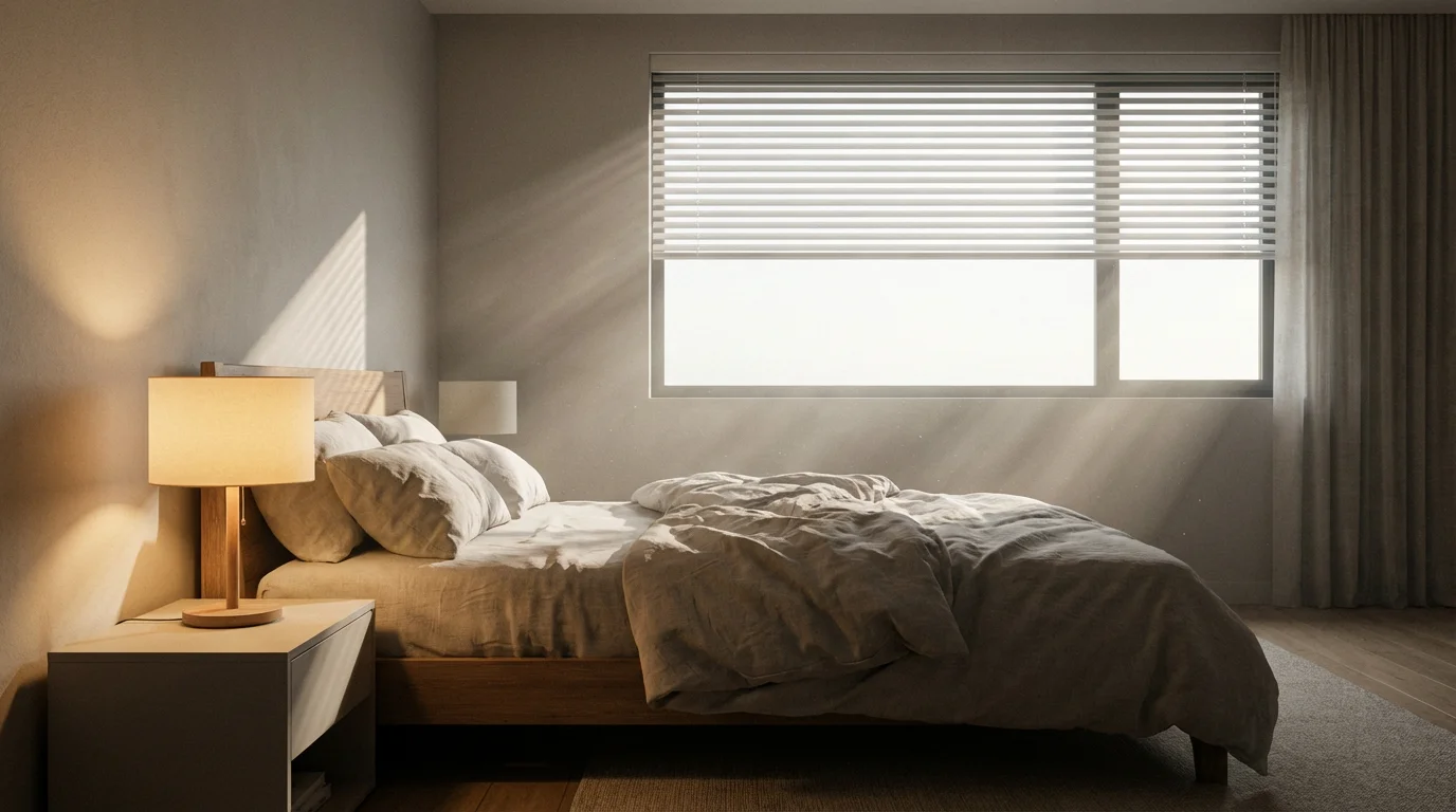 A modern bedroom in the morning with automated blinds opening and a smart lamp glowing.