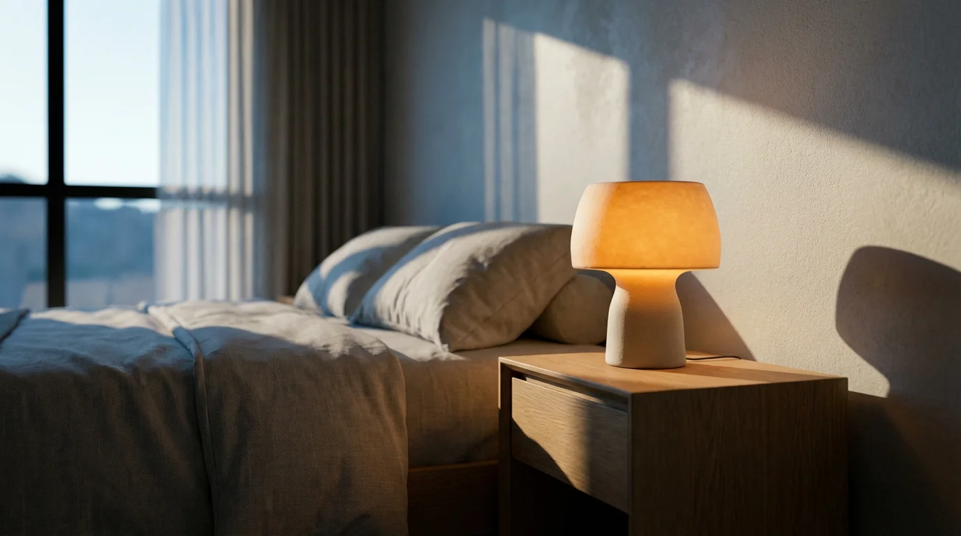 A modern bedroom with a smart lamp emitting warm amber light during late afternoon.