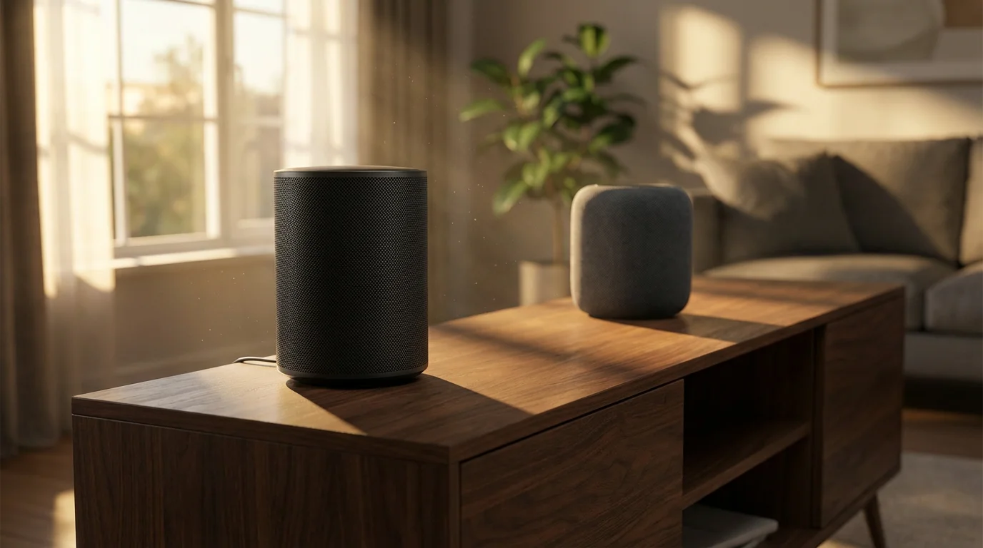 A modern black WiFi router and smart speaker on a wooden console in afternoon light.