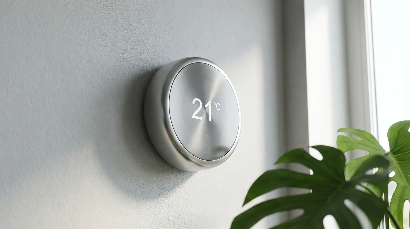 A modern, circular smart thermostat on a gray wall, lit by soft natural window light.