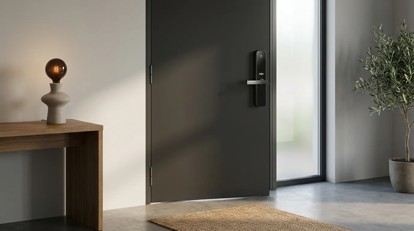 A modern front door with a smart lock, and a nearby lamp that has turned off.