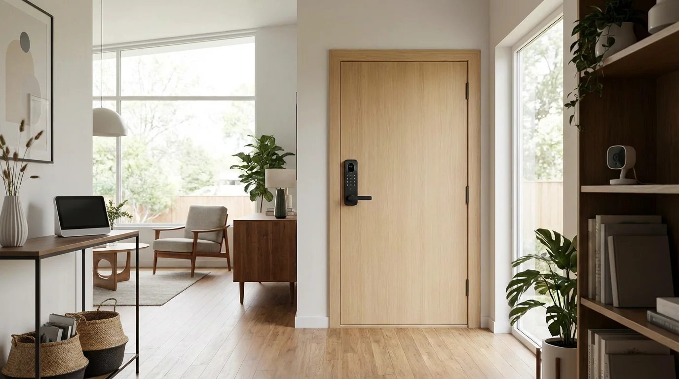 A modern home interior showing a smart lock, camera, and hub integrated together.