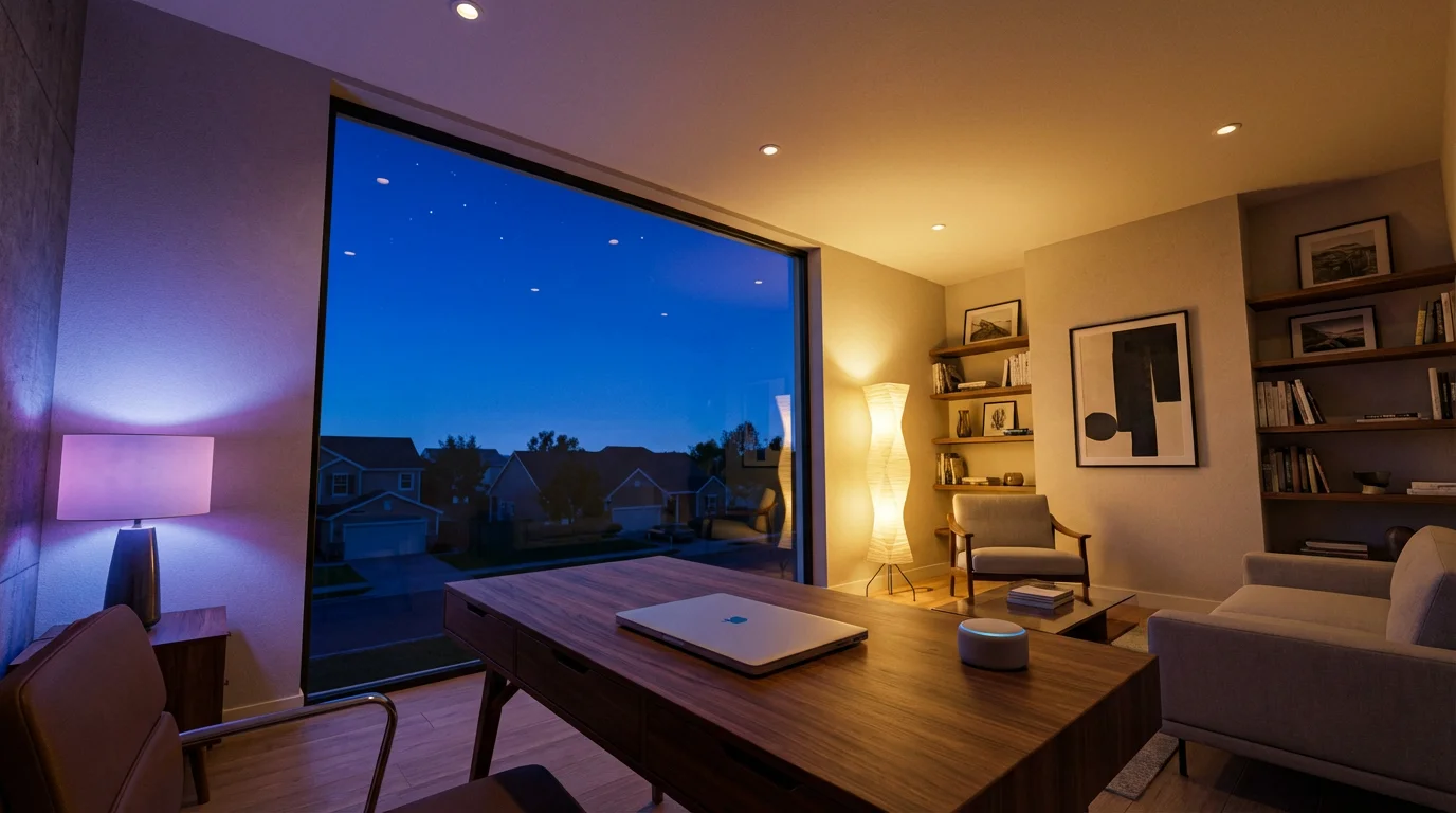A modern home office at dusk with ambient lighting and various smart home devices.