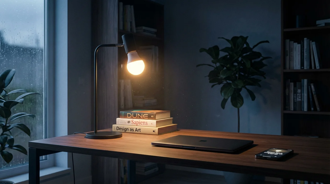 A modern home office desk lamp with a smart bulb automatically turns on at dusk.