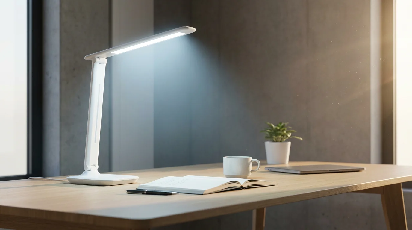 A modern home office desk with a smart lamp casting cool-white energizing morning light.
