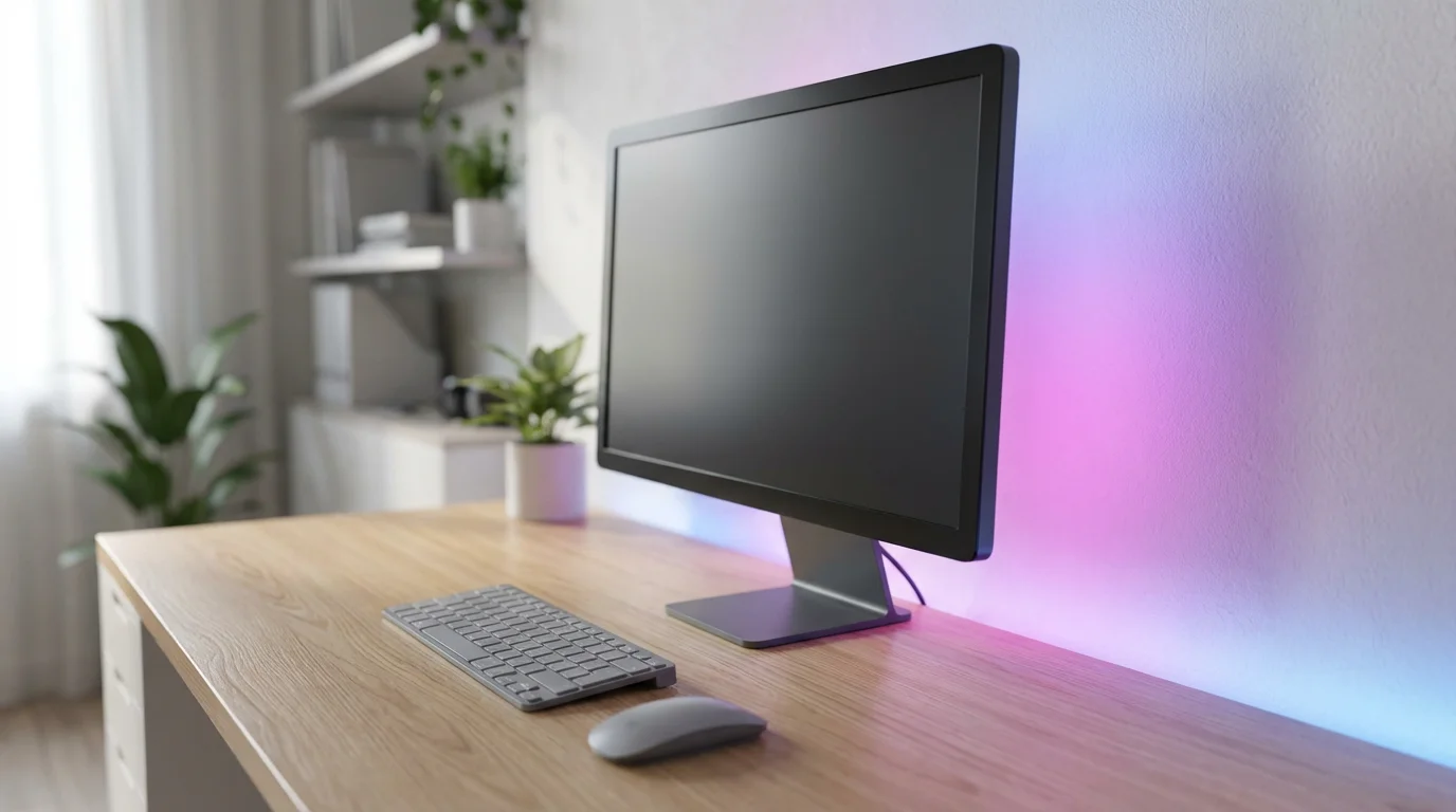 A modern home office desk with colorful ambient LED backlighting behind a computer monitor.