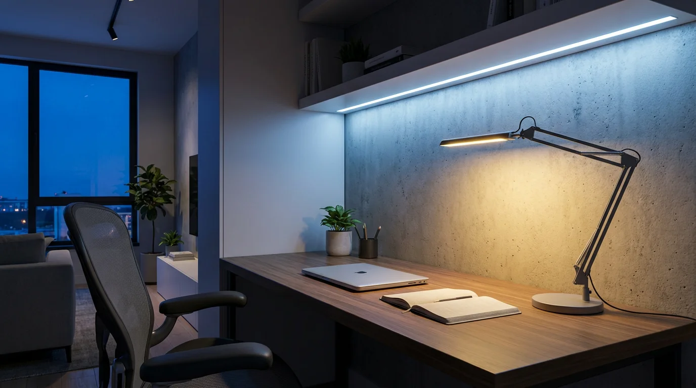 A modern home office nook at twilight with contrasting warm and cool smart lighting.
