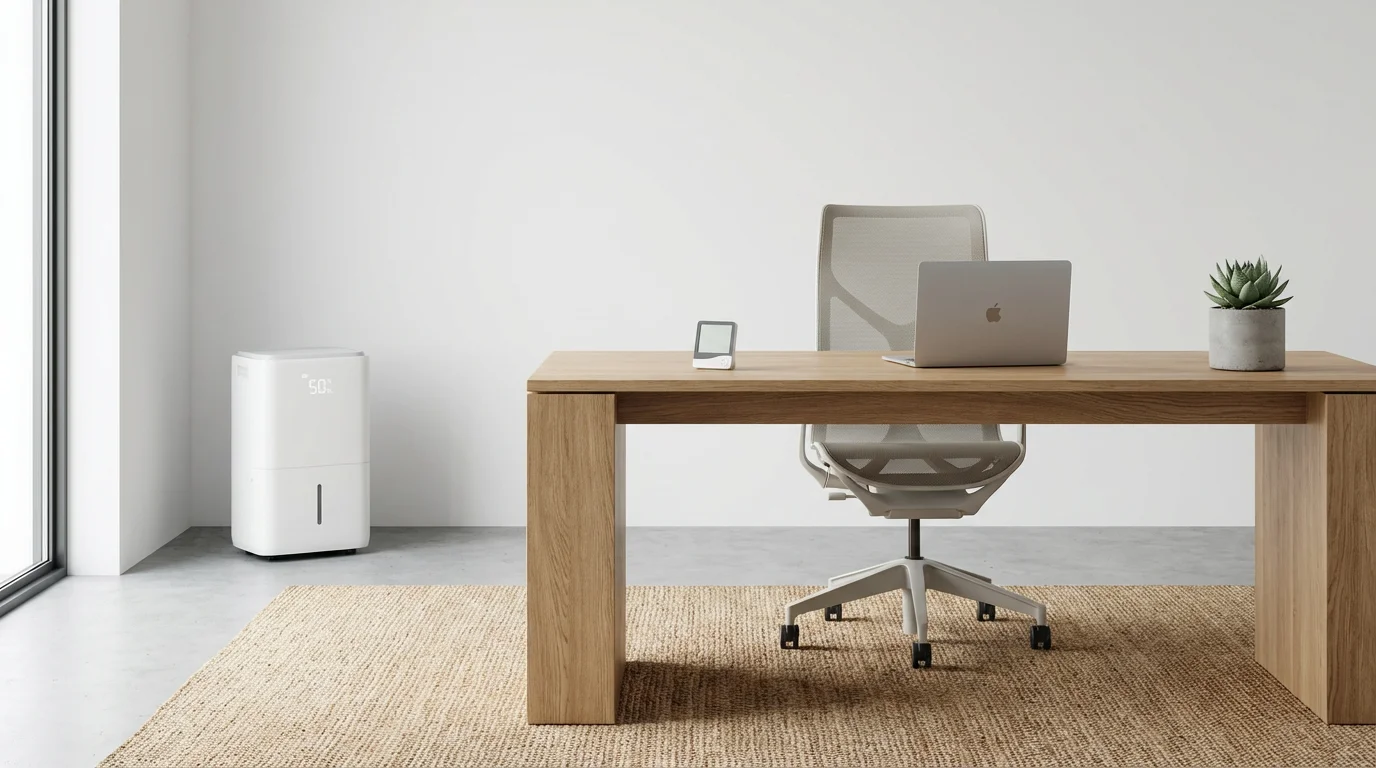 A modern home office with a smart dehumidifier and desk sensor for automated comfort.