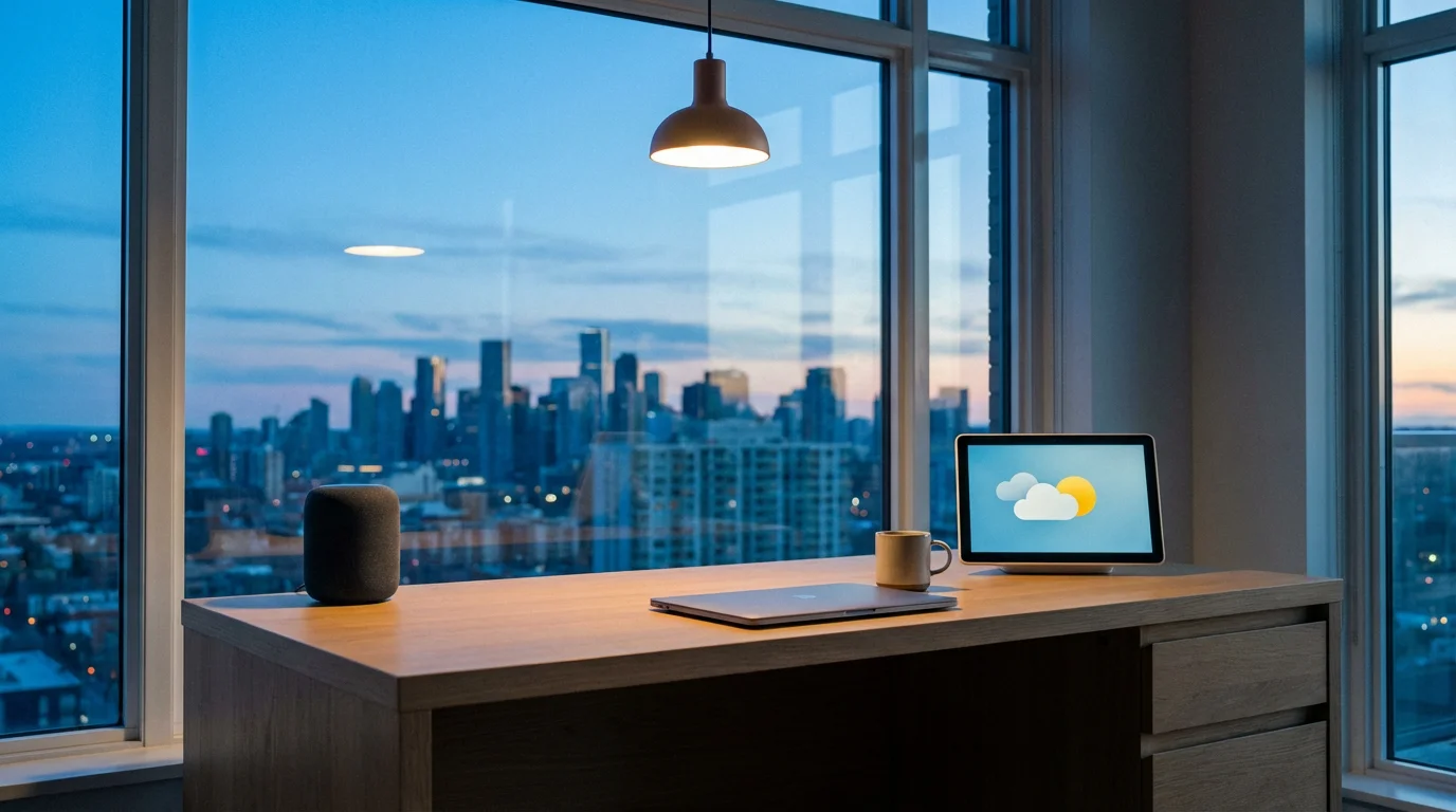A modern home office with a smart speaker and smart display on a desk.