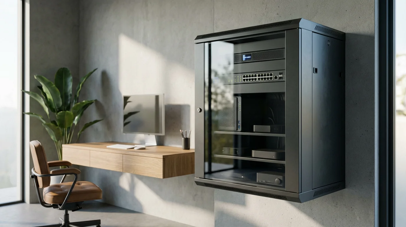 A modern home office with a wall-mounted glass server cabinet for advanced smart home automation.