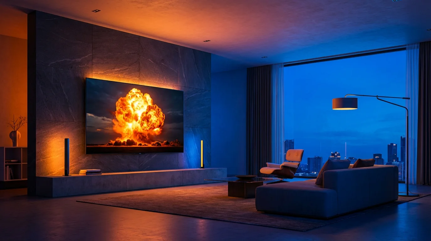 A modern living room at blue hour with colorful smart lights synced to an action movie.