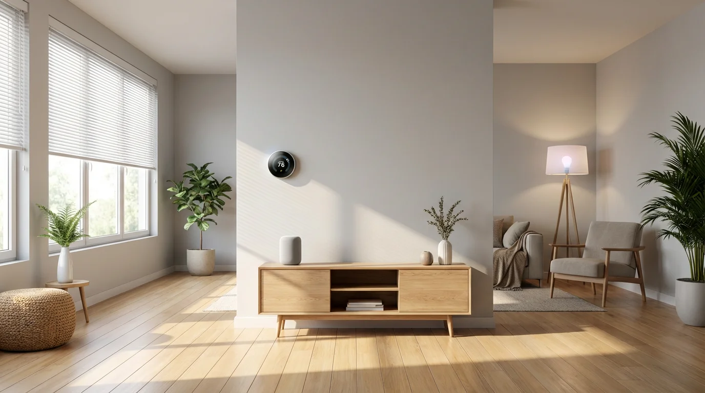 A modern living room showing a smart thermostat integrated with a smart speaker and lighting.