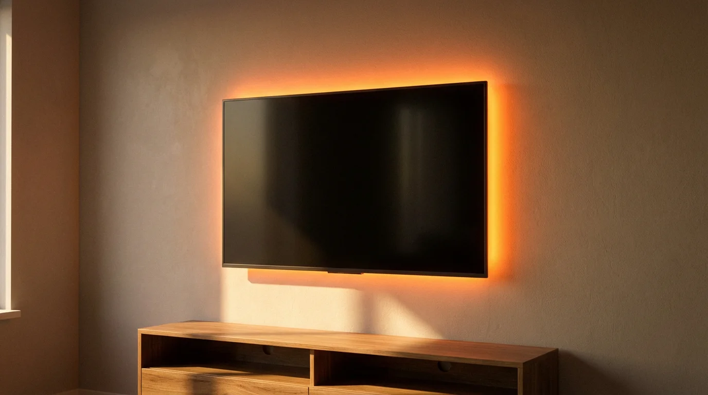 A modern living room TV backlit by a vibrant, warm orange smart LED light strip.