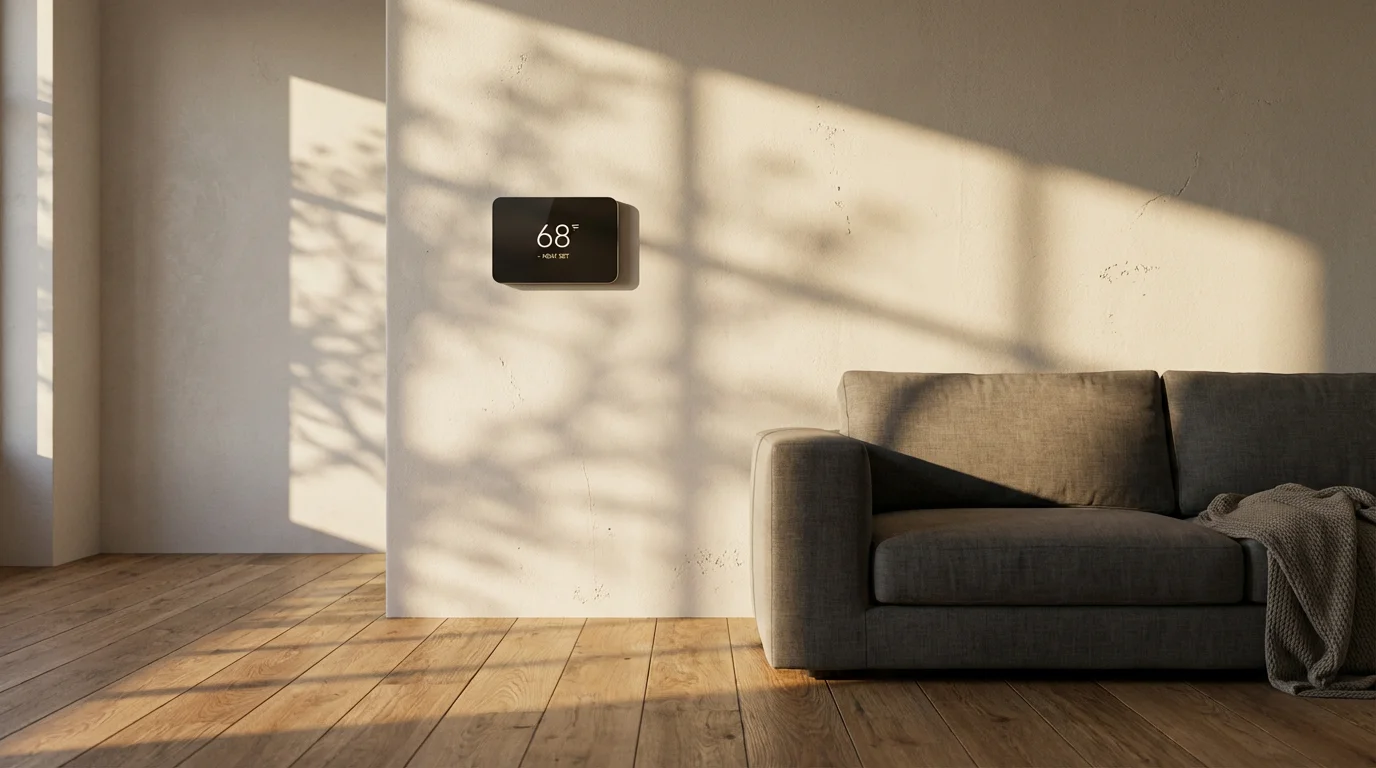 A modern living room with a generic smart thermostat on the wall during late afternoon.