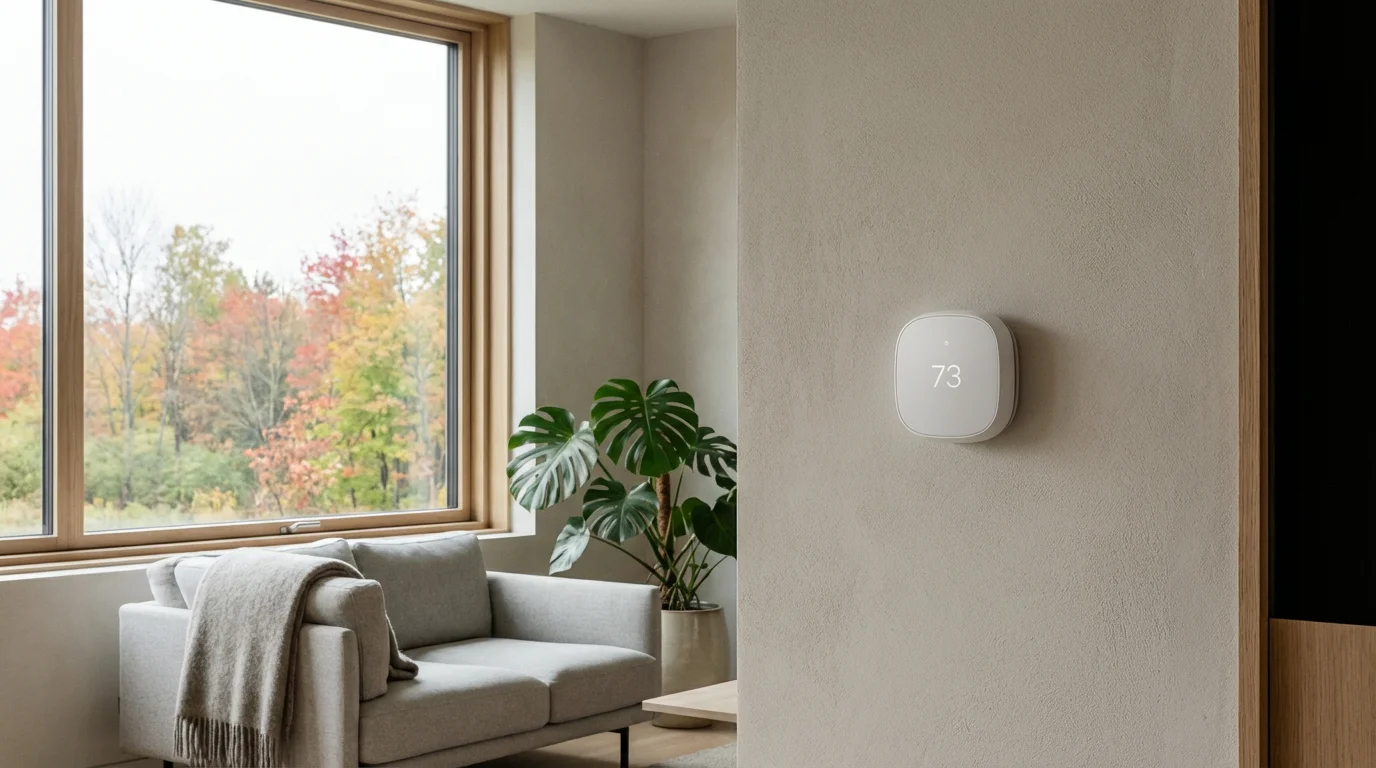 A modern living room with a smart thermostat on the wall near a window.
