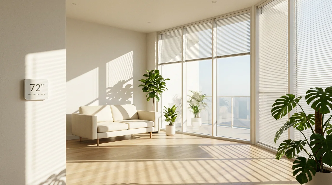 A modern living room with automated smart blinds filtering bright natural window light.