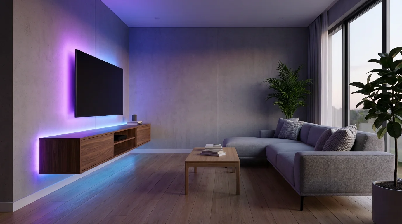 A modern living room with purple and blue smart LED backlighting behind a television.