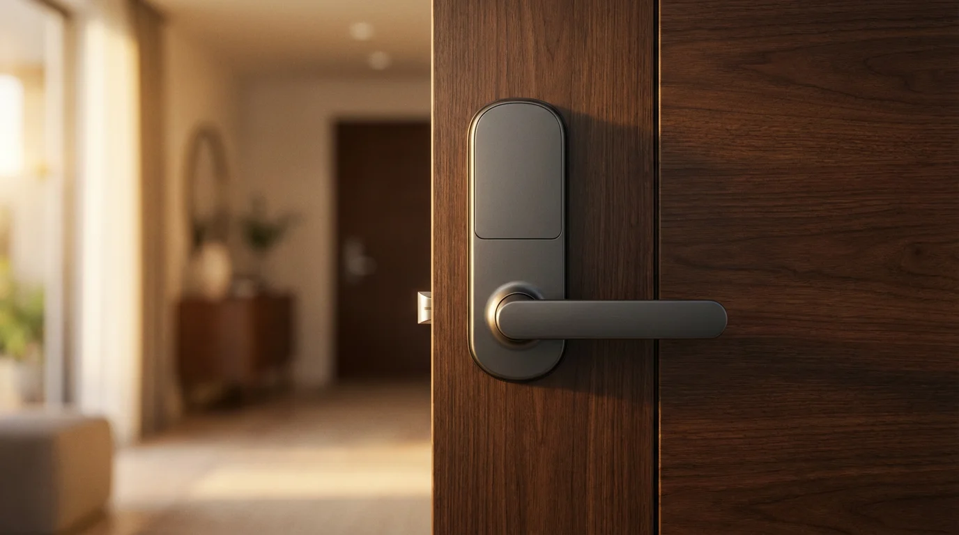 A modern, minimalist smart lock installed on a dark wood door during golden hour.
