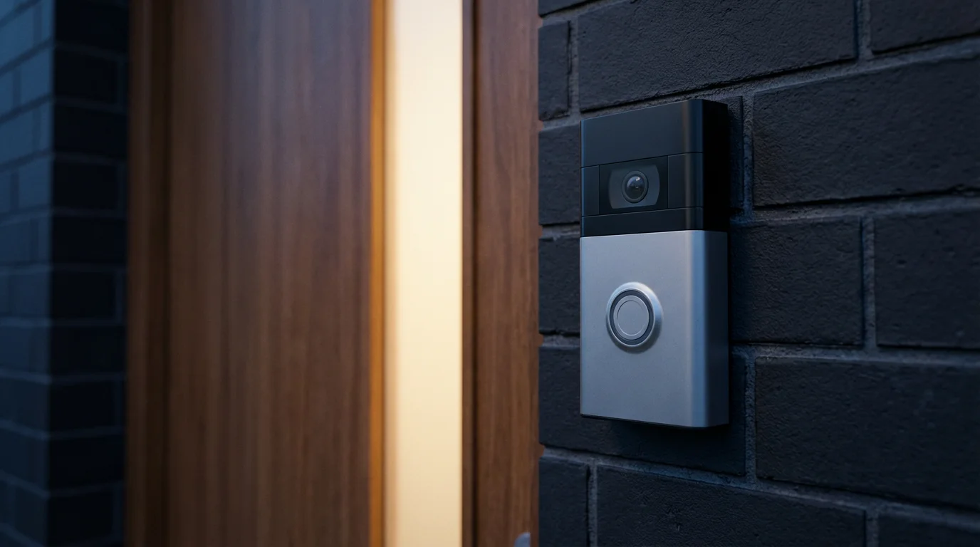 A modern silver video doorbell mounted on a dark brick wall at twilight.