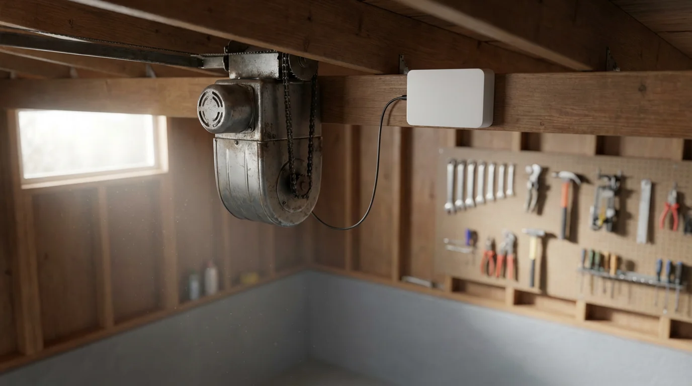 A modern smart controller retrofitted to an older garage door opener in a garage.