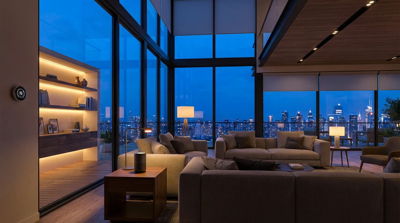 A modern smart home living room at dusk with various connected and automated devices.