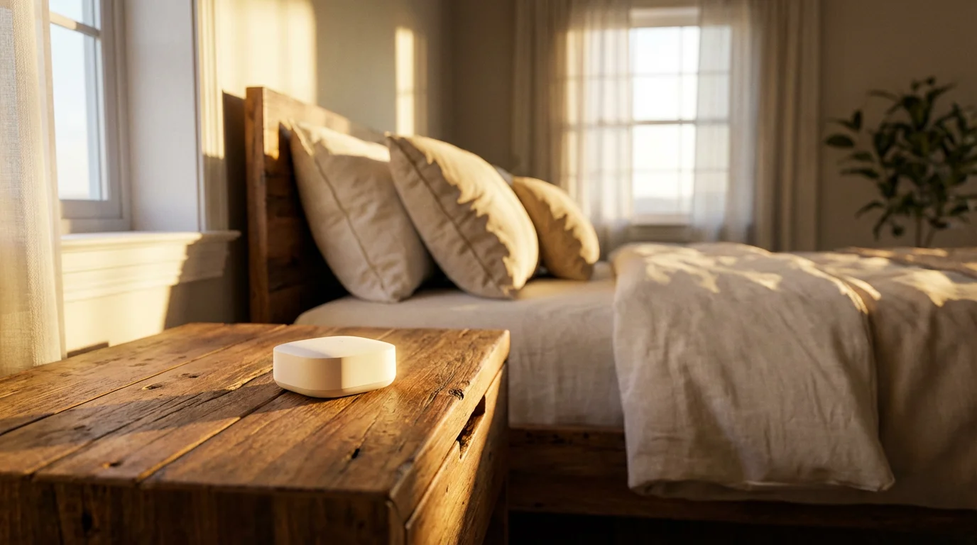 A modern smart home temperature sensor on a wooden nightstand in a bedroom at sunset.