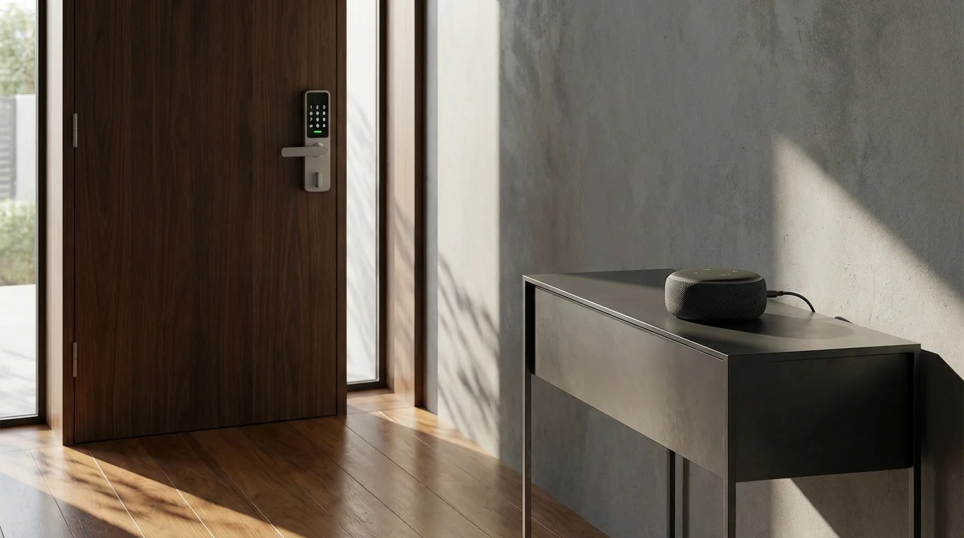 A modern smart lock on a front door next to an Amazon Echo device.