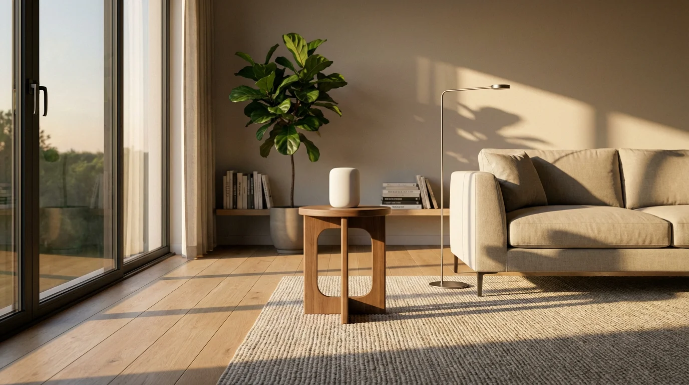 A modern smart speaker on a side table in a living room during golden hour.