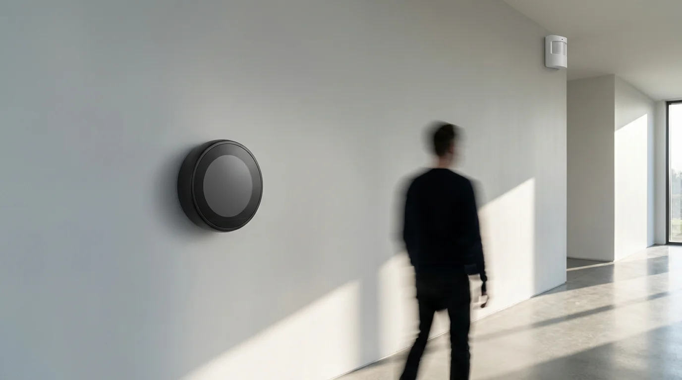 A modern smart thermostat and motion sensor on a wall during a moody afternoon.