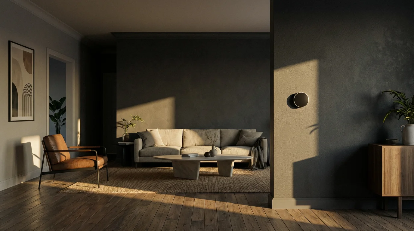 A modern smart thermostat on a living room wall in moody afternoon sunlight.