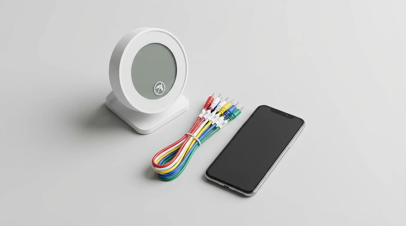 A modern smart thermostat on a stand next to a smartphone, flat lay.