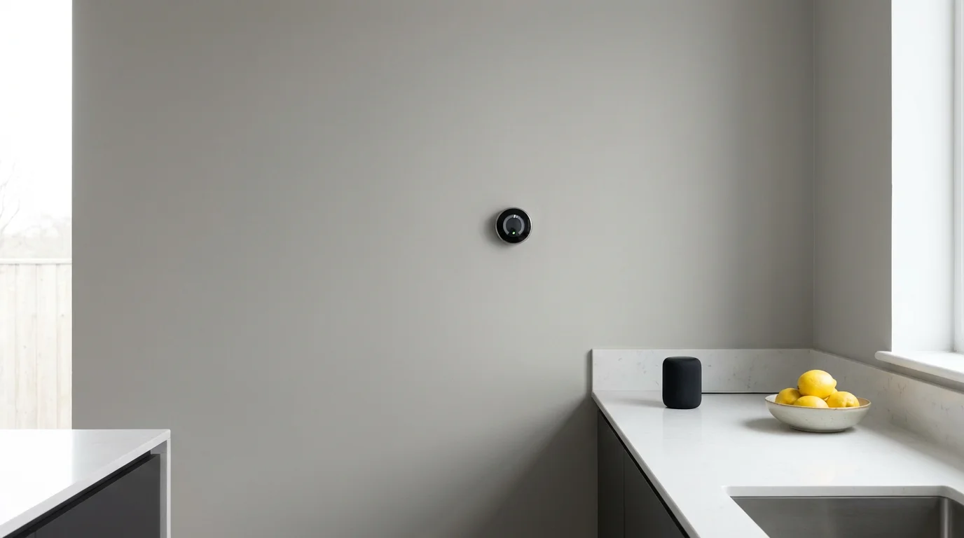 A modern smart thermostat on a wall above a kitchen counter with a smart speaker.