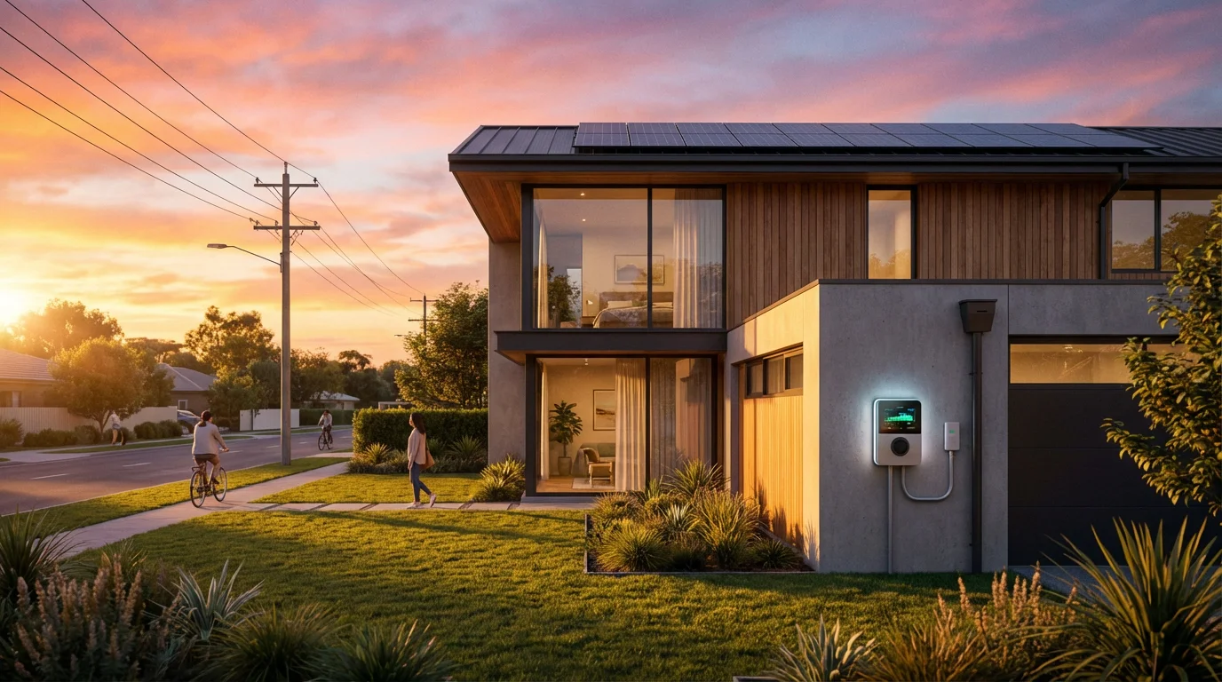A modern suburban home with a smart meter at sunset, representing utility program savings.