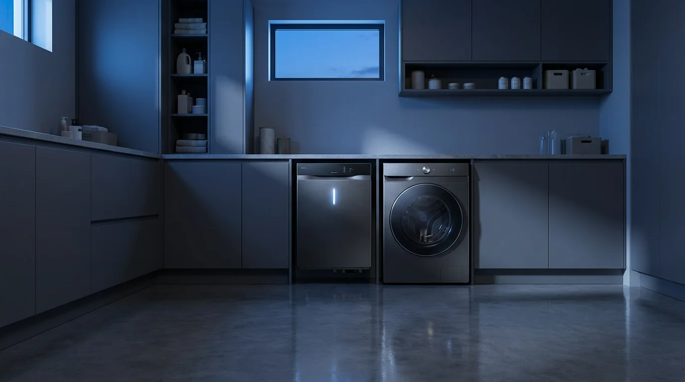 A modern utility room with a smart tankless water heater and washing machine.