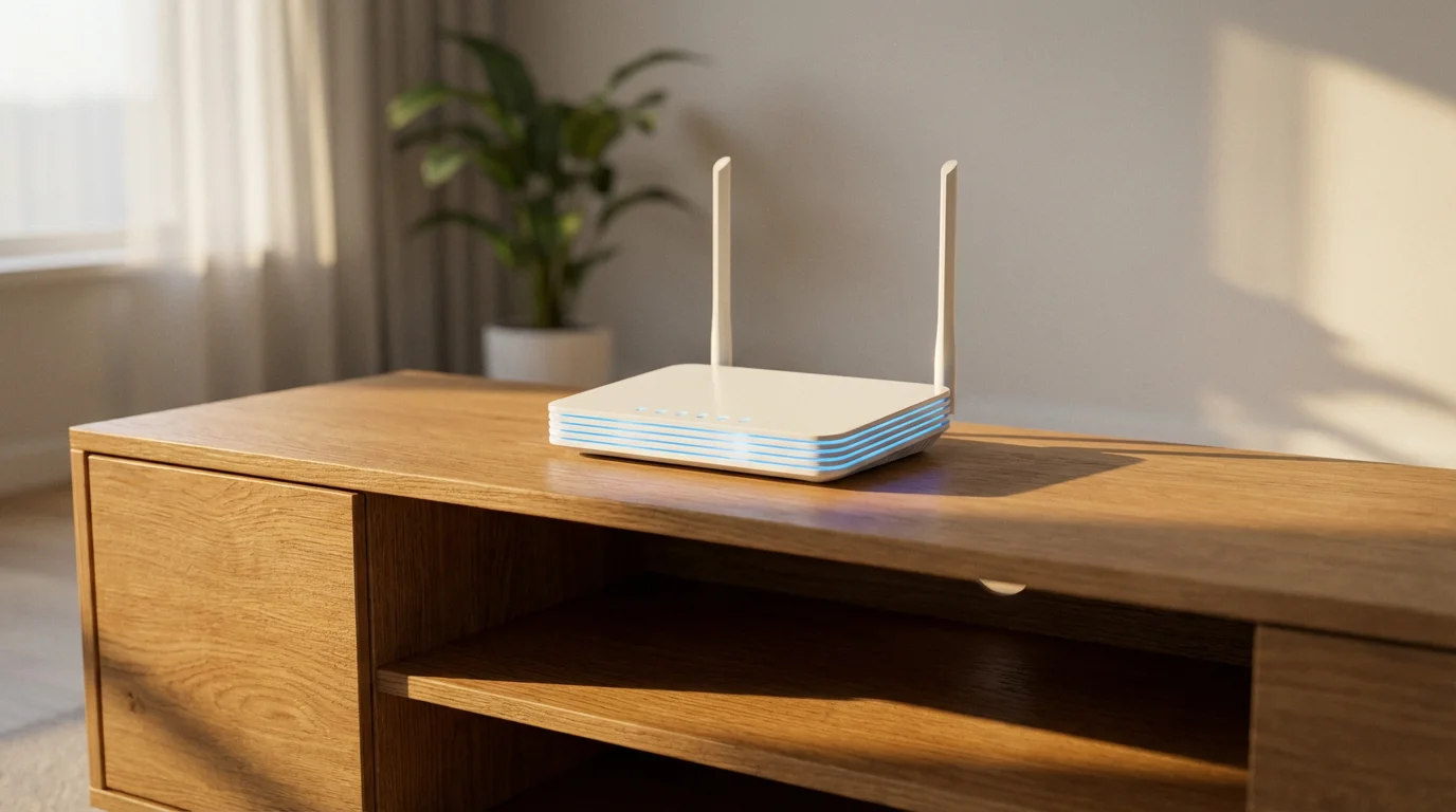 A modern white Wi-Fi router on a wooden console table during golden hour.