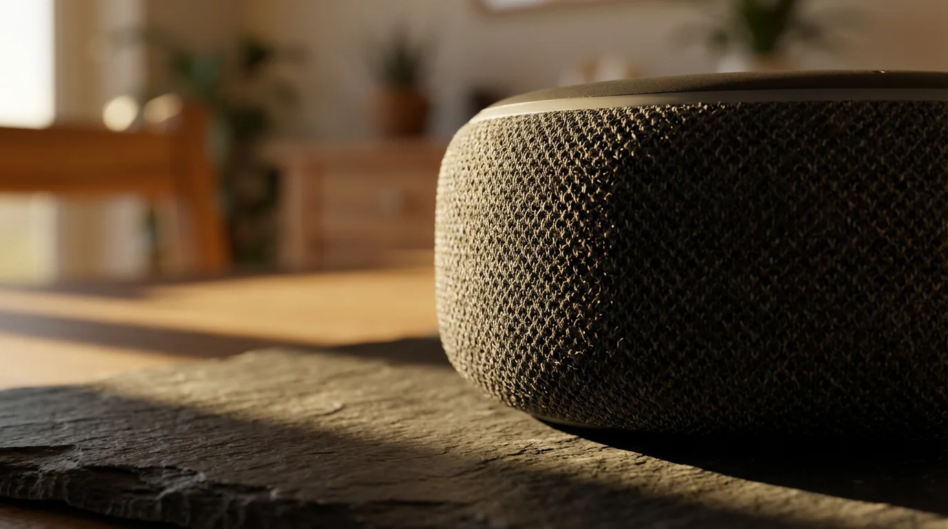 A moody macro photograph of the textured fabric on a charcoal Google smart speaker.