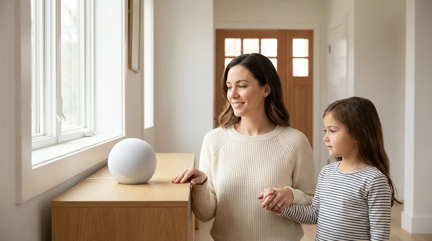 A mother and daughter in a modern entryway using a smart speaker for home automation.